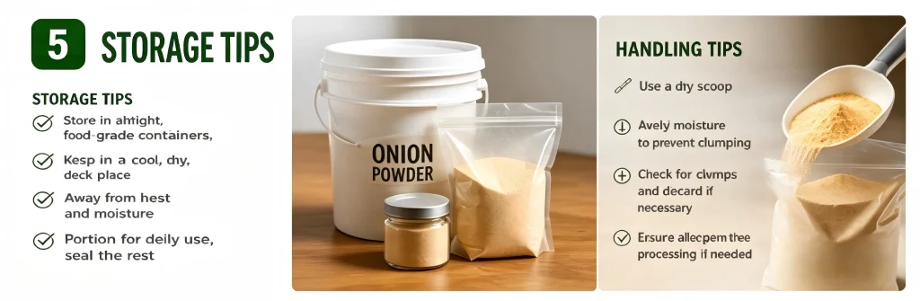 Storage and handling tips for bulk onion powder using airtight food-grade containers in a cool dry place.