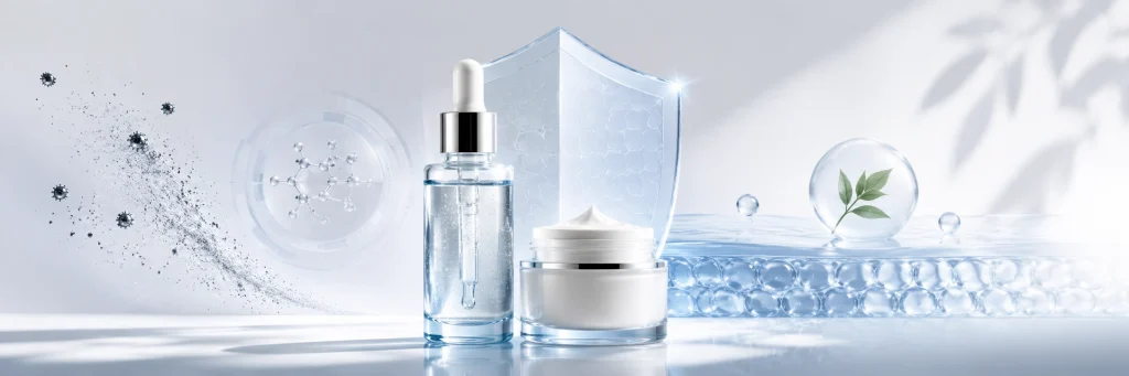 Superoxide dismutase antioxidant protection concept for skincare formulas against oxidative stress and free radicals.