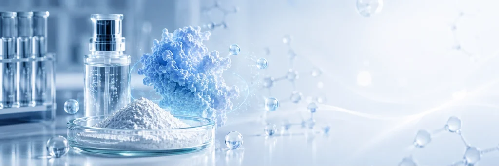 Superoxide dismutase cosmetic ingredient shown with white powder, serum bottle and blue enzyme molecule in a clean laboratory