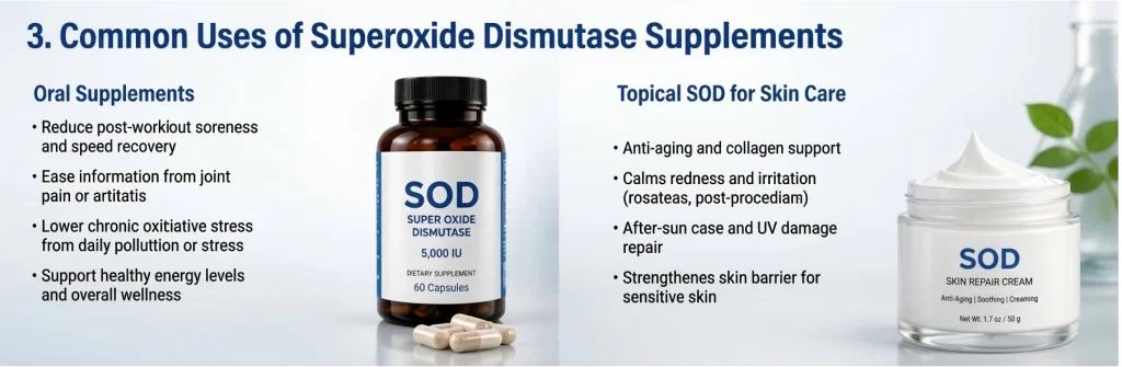 Sammenligning af Superoxide Dismutase (SOD) orale kosttilskud og topisk SOD til hudpleje, med anti-aging creme og kapsler.