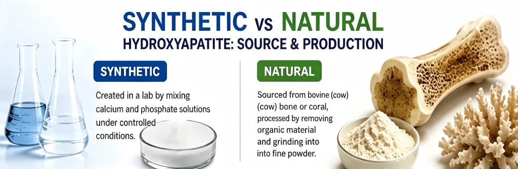 Visual comparison of hydroxyapatite production: synthetic created in labs vs natural sourced from bovine bone or coral.