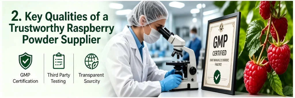Laboratory professional inspecting raspberry powder quality with a microscope and a visible GMP certification frame.