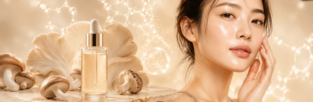 What is ergothioneine for brightening skincare with serum bottle, mushrooms and radiant healthy skin
