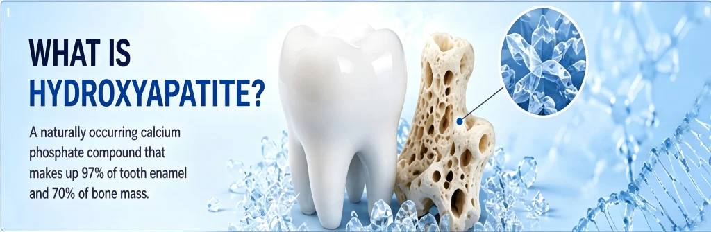 Illustration explaining what hydroxyapatite is: a calcium phosphate compound that makes up 97% of tooth enamel and 70% of bone mass.