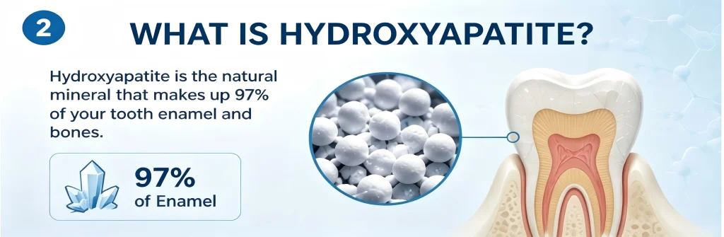 Diagram showing that hydroxyapatite is a natural mineral making up 97% of tooth enamel.