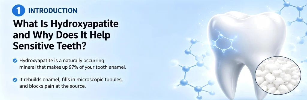 An infographic introducing hydroxyapatite—what it is, and how it alleviates tooth sensitivity by rebuilding enamel and filling microscopic dentinal tubules.