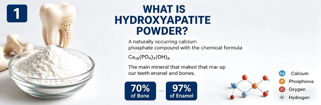 Infographic explaining what hydroxyapatite powder is, showing it makes up 70% of bone and 97% of tooth enamel.