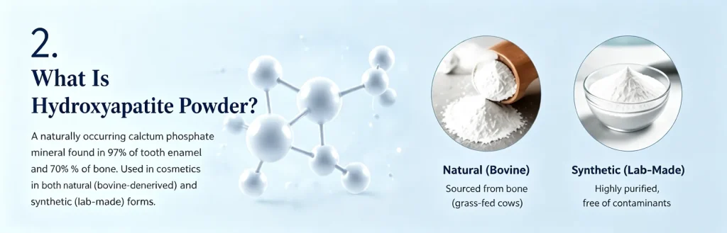 Comparison between natural bovine-derived and synthetic lab-made hydroxyapatite powder for cosmetic use.