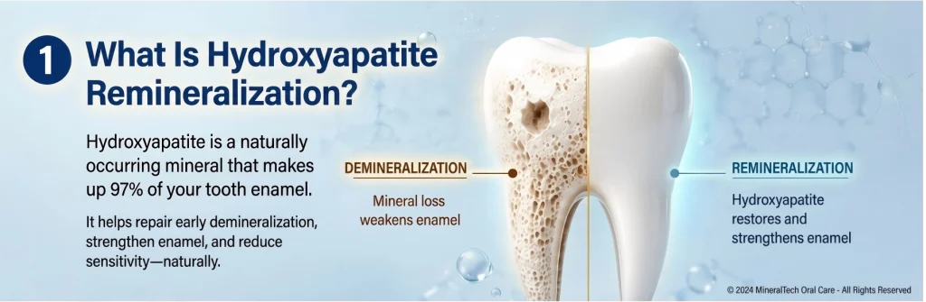 An infographic illustrating the process of dental remineralization. On the left, a damaged tooth is depicted, highlighting the demineralization caused by acids and bacteria; on the right, a healthy tooth is shown, illustrating the remineralization process utilizing hydroxyapatite—the mineral that constitutes 97% of tooth enamel. This diagram serves to explain how hydroxyapatite repairs enamel and enhances its strength.