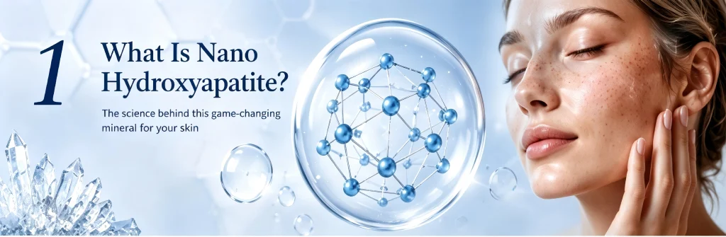 An educational infographic explaining what nano hydroxyapatite for skin is, featuring a molecular structure model and a woman showcasing natural skin texture.