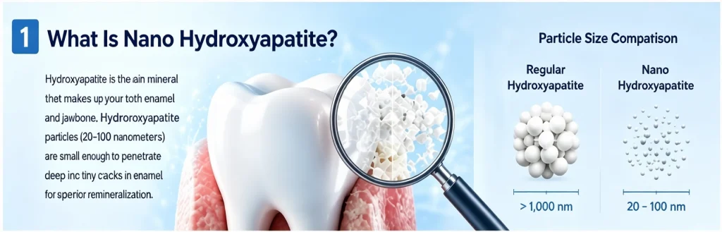 Infographic showing what nano hydroxyapatite is and comparing its particle size (20-100nm) to regular hydroxyapatite for tooth enamel remineralization.