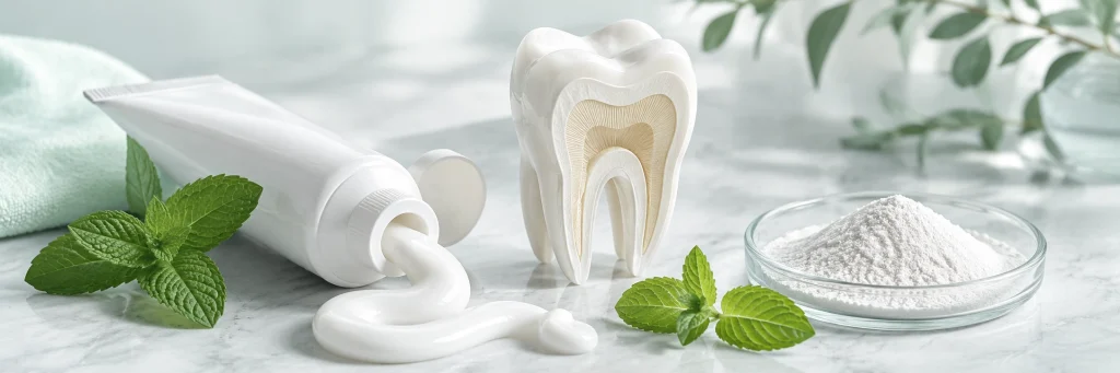 White toothpaste tube, tooth cross-section, mineral powder, and mint leaves explaining what nano hydroxyapatite toothpaste is