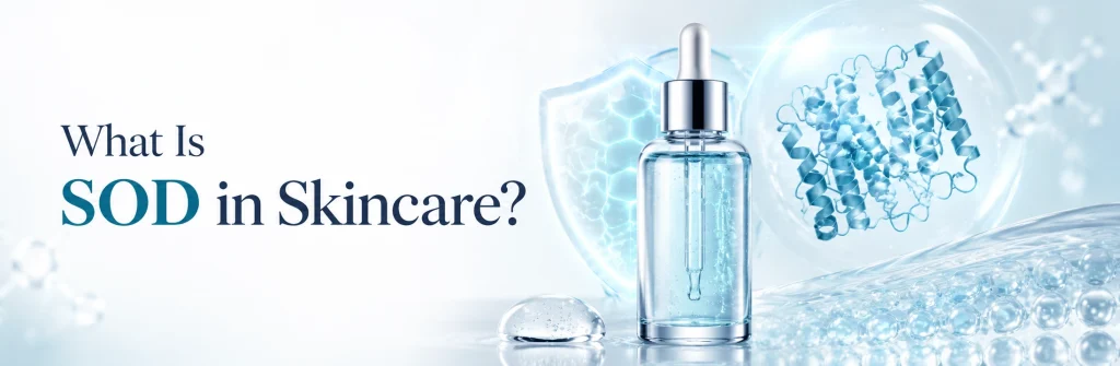 SOD antioxidant enzyme in skincare with blue serum bottle and protein structure for cosmetic formulation