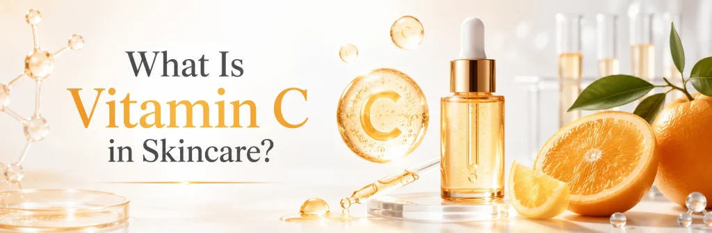 Vitamin C skincare ingredient with golden serum bottle, citrus elements and brightening antioxidant concept